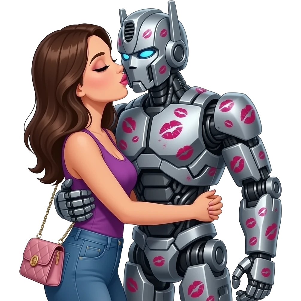 Make a woman with lipstick and eyeshadows and long polished nails, she is holding a purse she kisses the transformer while hugging him, the transformer is now covered in kiss marks and hugs the woman aswell emoji