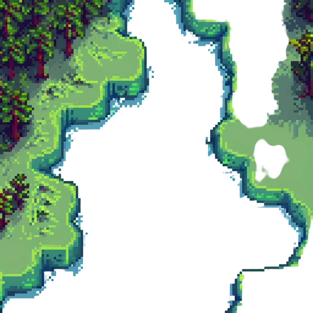 Change the river color to a bright green, keeping the rest of the pixel art scene the same, with a small child in a sun hat enjoying watermelon by the riverside, sparkling water, and a breezy atmosphere. emoji