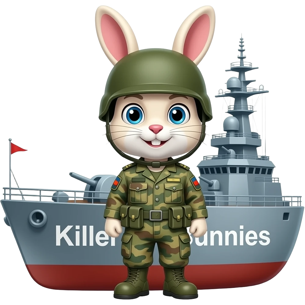 bunny in army fatigues in a war ship text Killer Bunnies on bow emoji