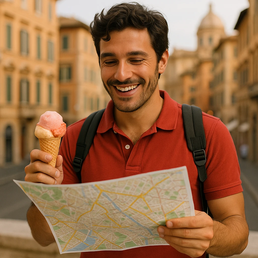 an Italian tourist with a backpack, eating gelato, looking at a city map, relaxed and happy emoji