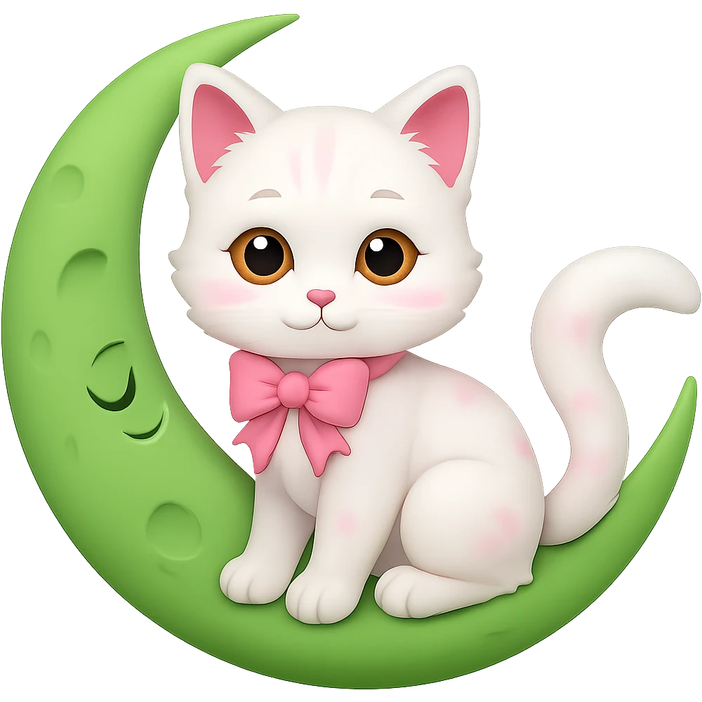 Change the yellow moon to green, keep the cute kitten with pink bow, in emoji style with no background. emoji