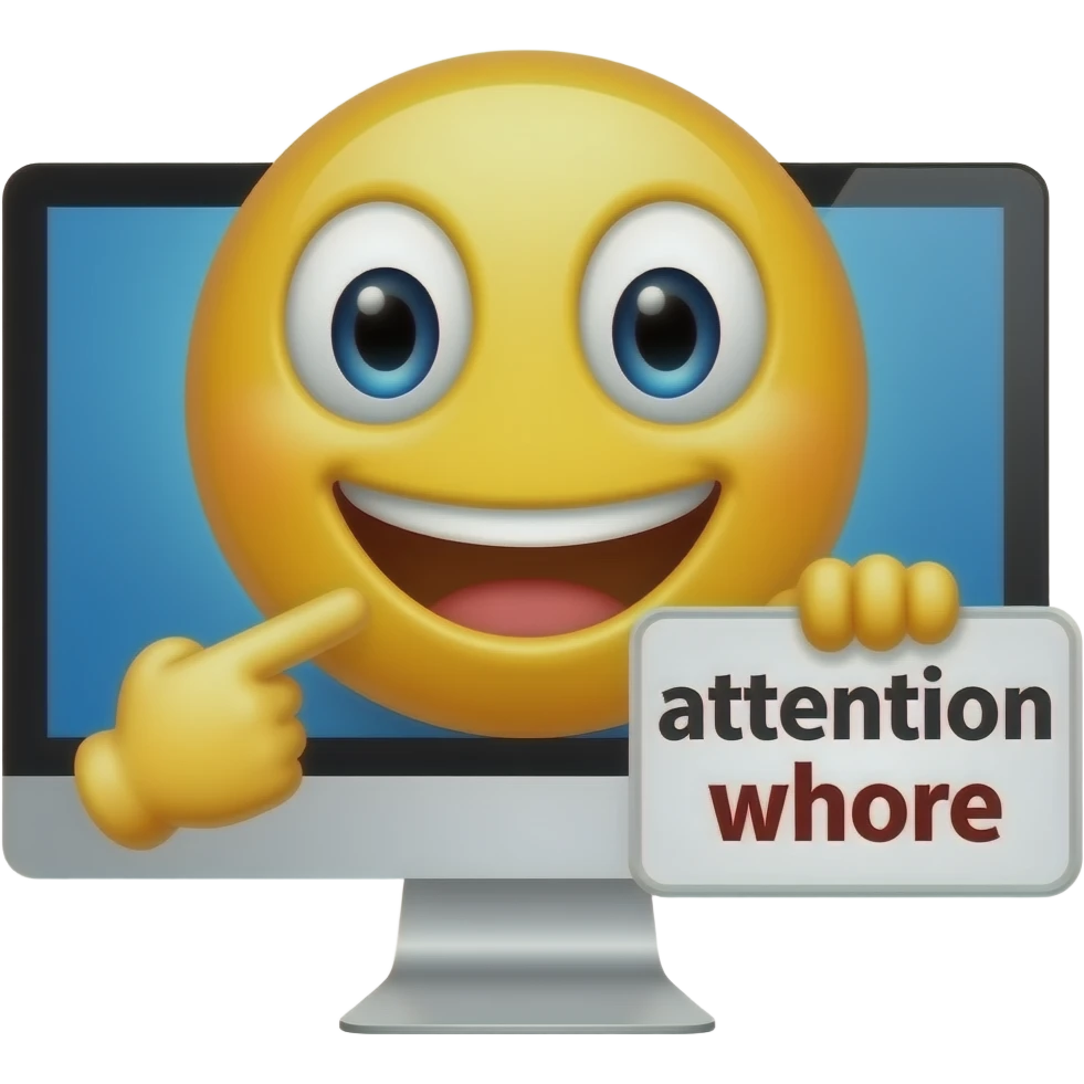 Yellow smiley pointing to screen holding up a sign sign that says "attention whore" emoji