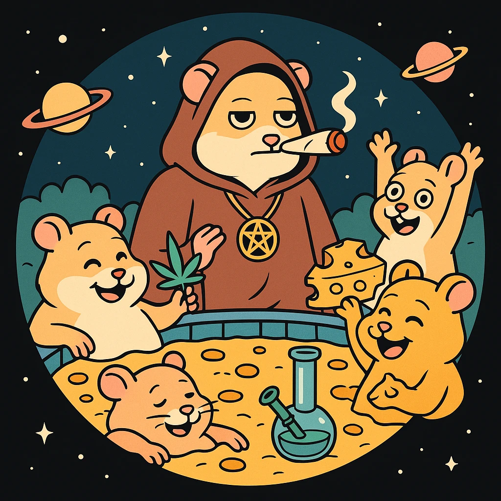 circular Discord server icon, centered composition of a hamster cult weed and cheese pool party at night, 80s cartoon style, bold outlines, bright colors, space backgrounds emoji