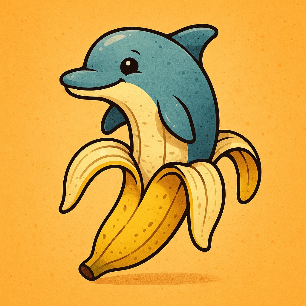 an imaginative and cartoonish dolphin merged with a banana peel, the dolphin's head and fins as the banana's top emoji
