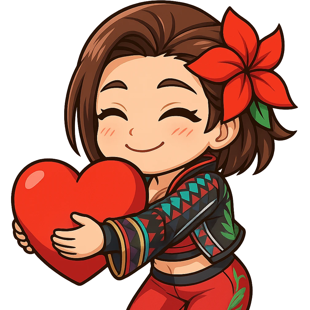 Azucena from Tekken 8 in chibi sticker style, giving a big hug with a warm expression, wearing the detailed red and patterned outfit from the reference images, designed for Twitch emote use. emoji