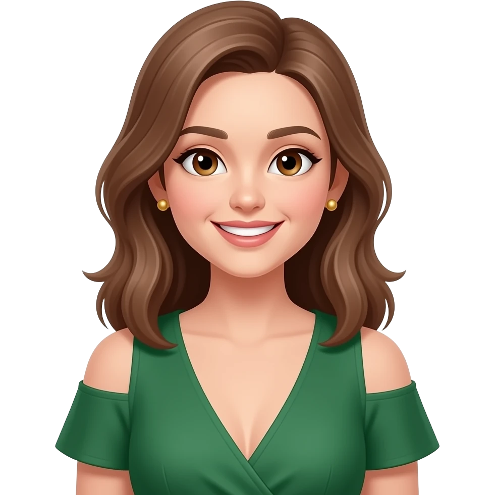 beauty, woman, gold stud earrings, brown eyes, green v dress with shoulders, smiling, light brown hair, hairstyle emoji