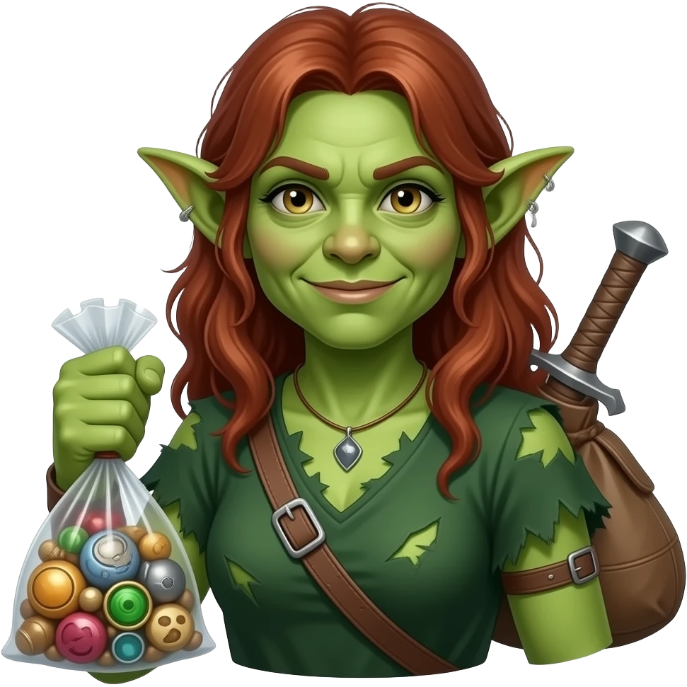 Bust of Kind Green Goblin woman fantasy adventurer with junk trinkets emoji