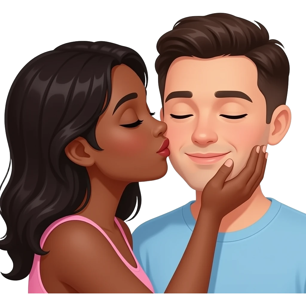 Black darkskin woman kissing a pale black man on the cheeks as the black man blushes emoji