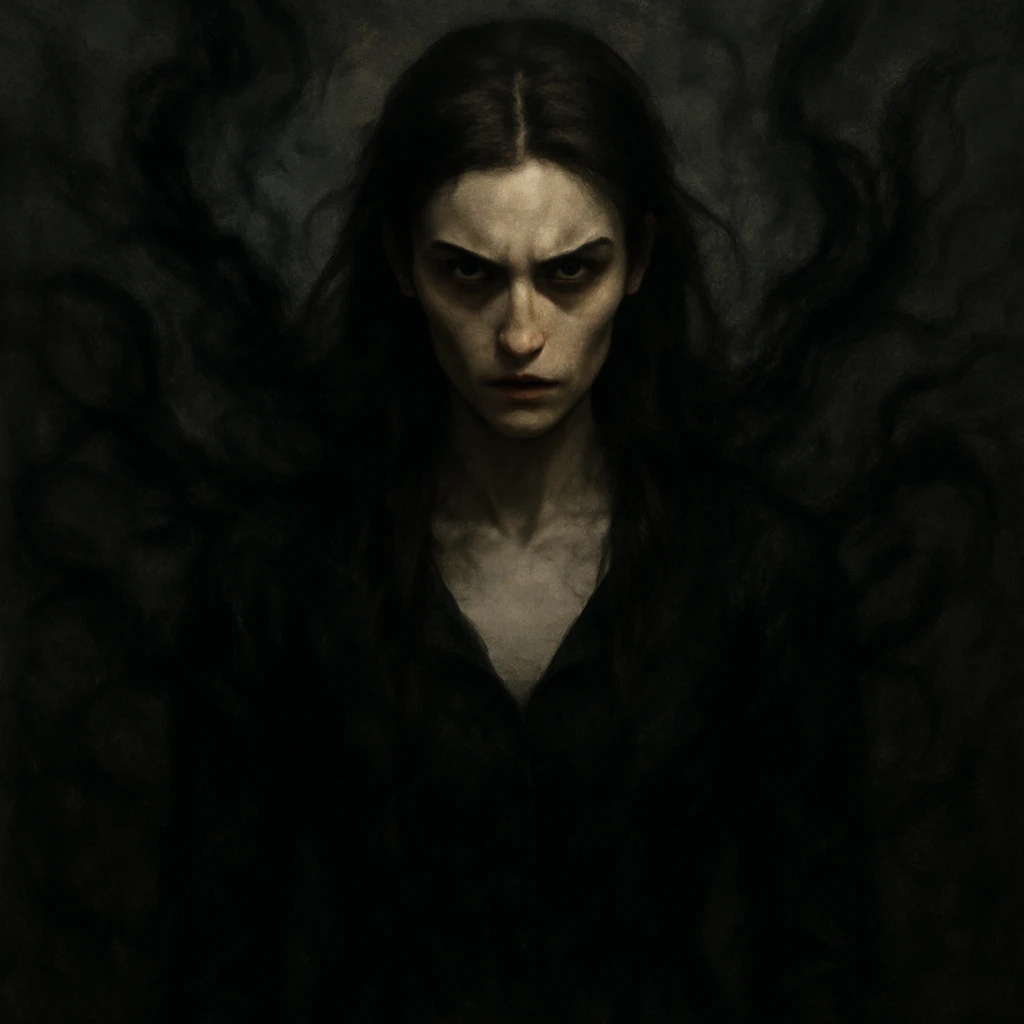 A brunette woman with a dark, unsettling aura, intense and foreboding expression, surrounded by chaotic negative energy, menacing and dreadful aura, sharp features, unsettling vibe emoji