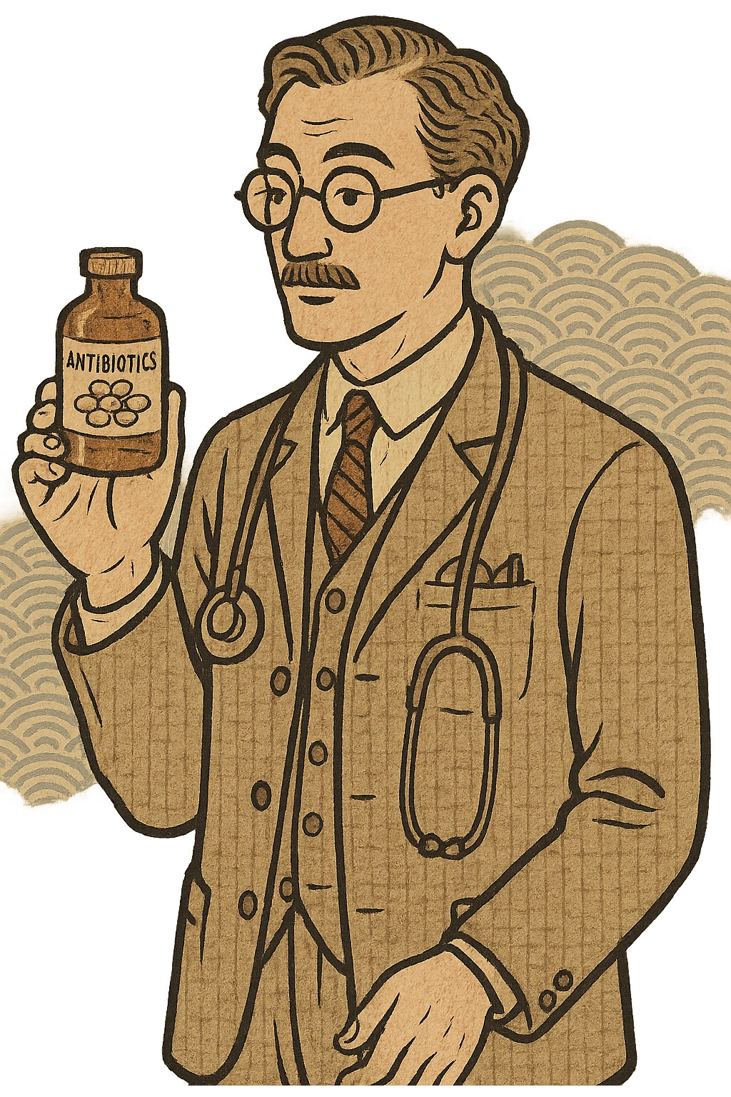 A 1920s doctor standing with a bottle of antibiotics emoji