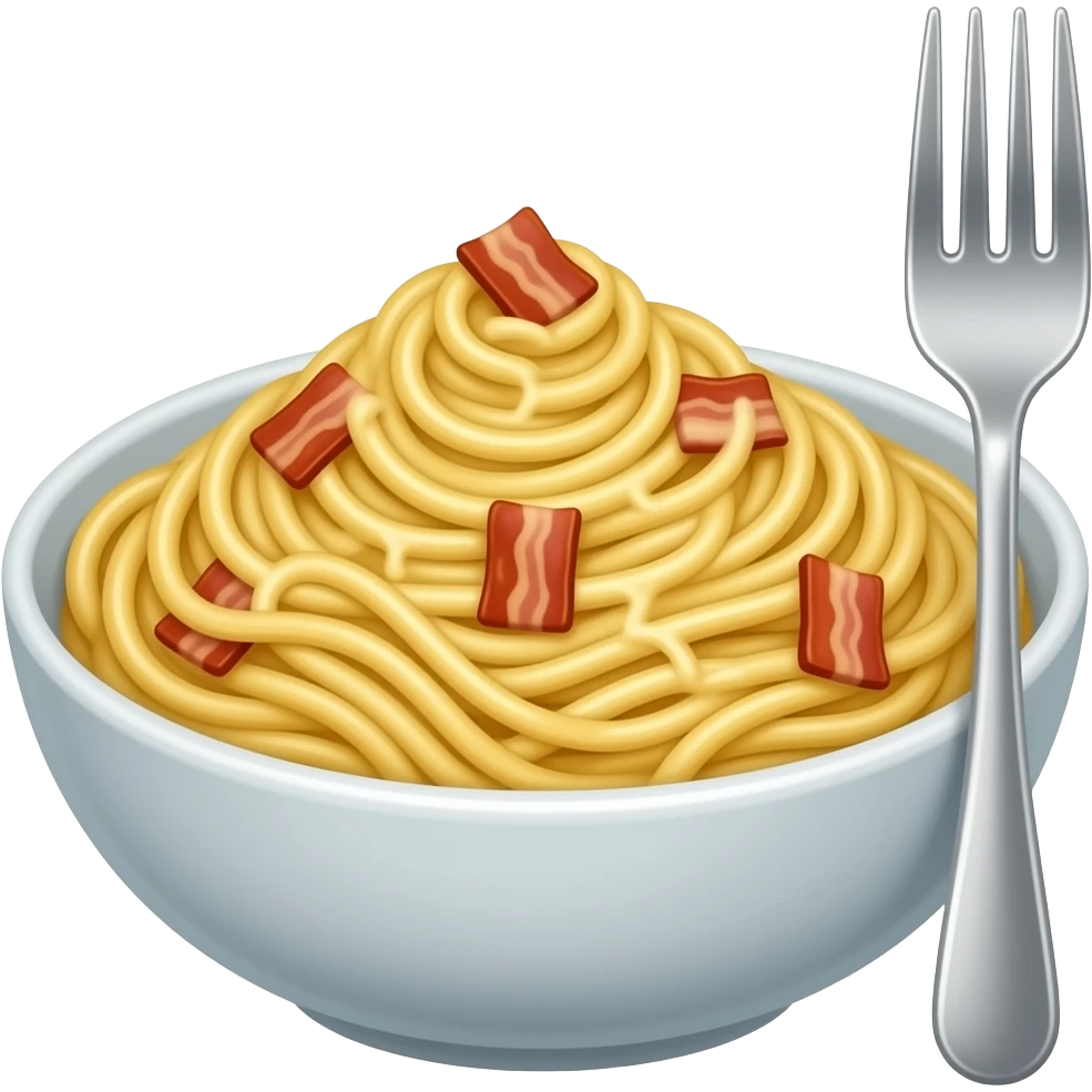 Carbonara with fork in a bowl with cream sauce, rectangular bacon bits emoji