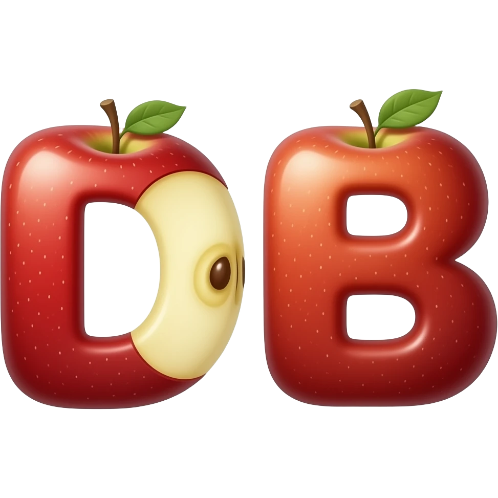 👉  TWO👉 "letters D and B made of apple texture, shiny red apple skin, 3D glossy, smooth rounded shapes, cute cartoon style, isolated on white background, high detail" emoji
