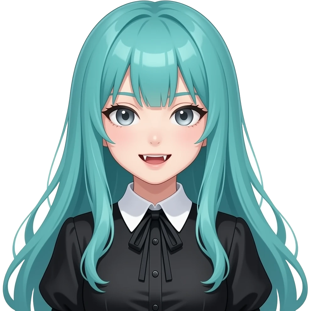 anime girl, fangs long flowing teal hair, grey eyes, black shoulder cyberpunk blouse with fancy white collar emoji