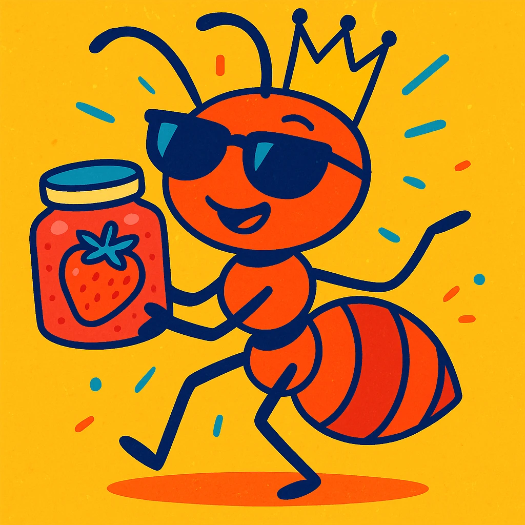 ant with sunglasses and a crown, holding strawberry jam, playful style emoji