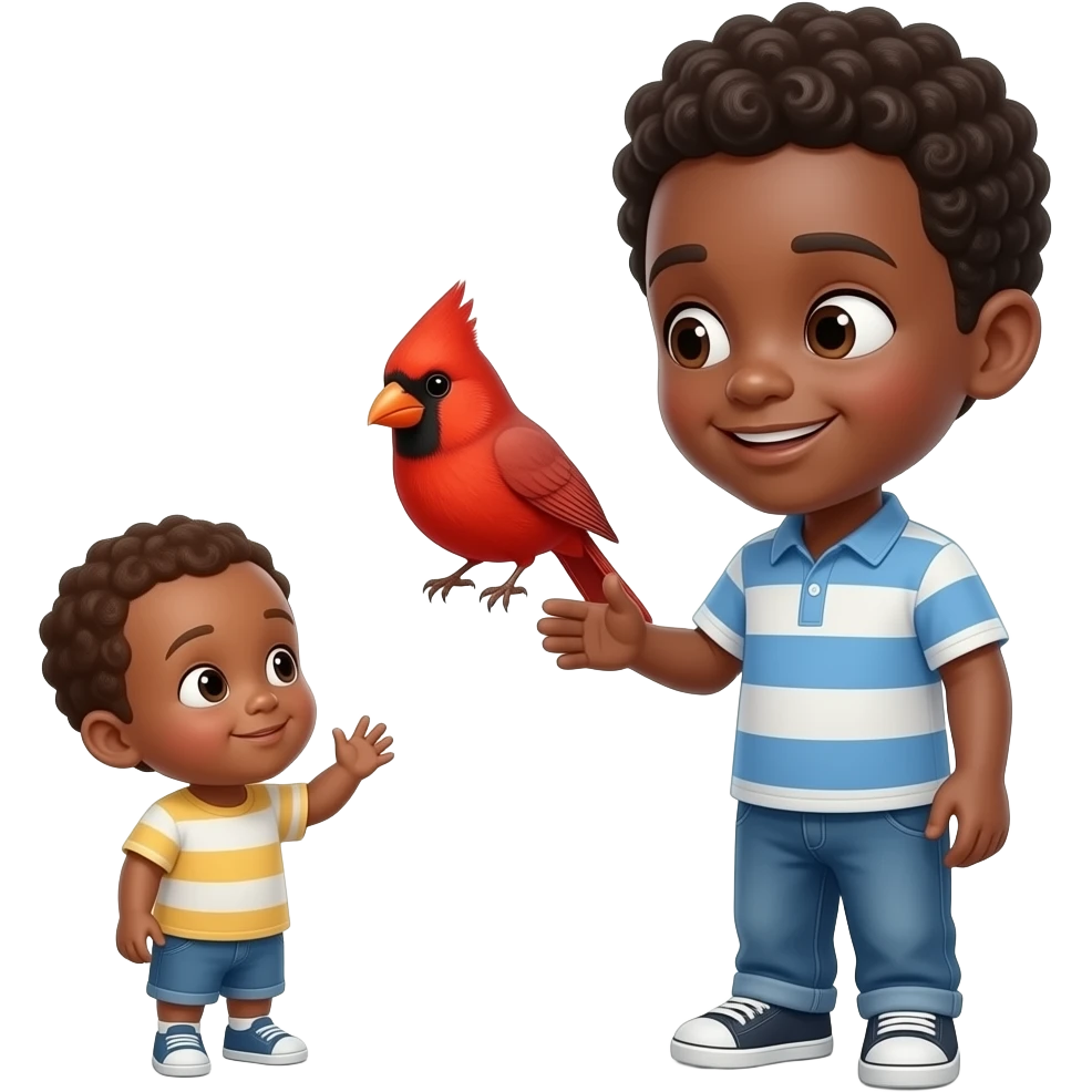 African American boy and toddler looking at a red cardinal emoji