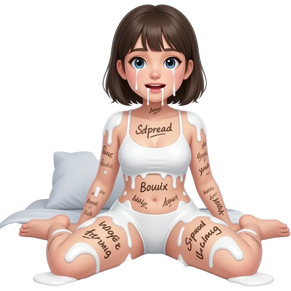 18 year old girl, big , big , thick white liquid all over, bound body, ,(((spread your legs))), cute face, face, realistic face, petite body, body covered in writing , drooling out of mouth, on bed, , not wearing clothes emoji