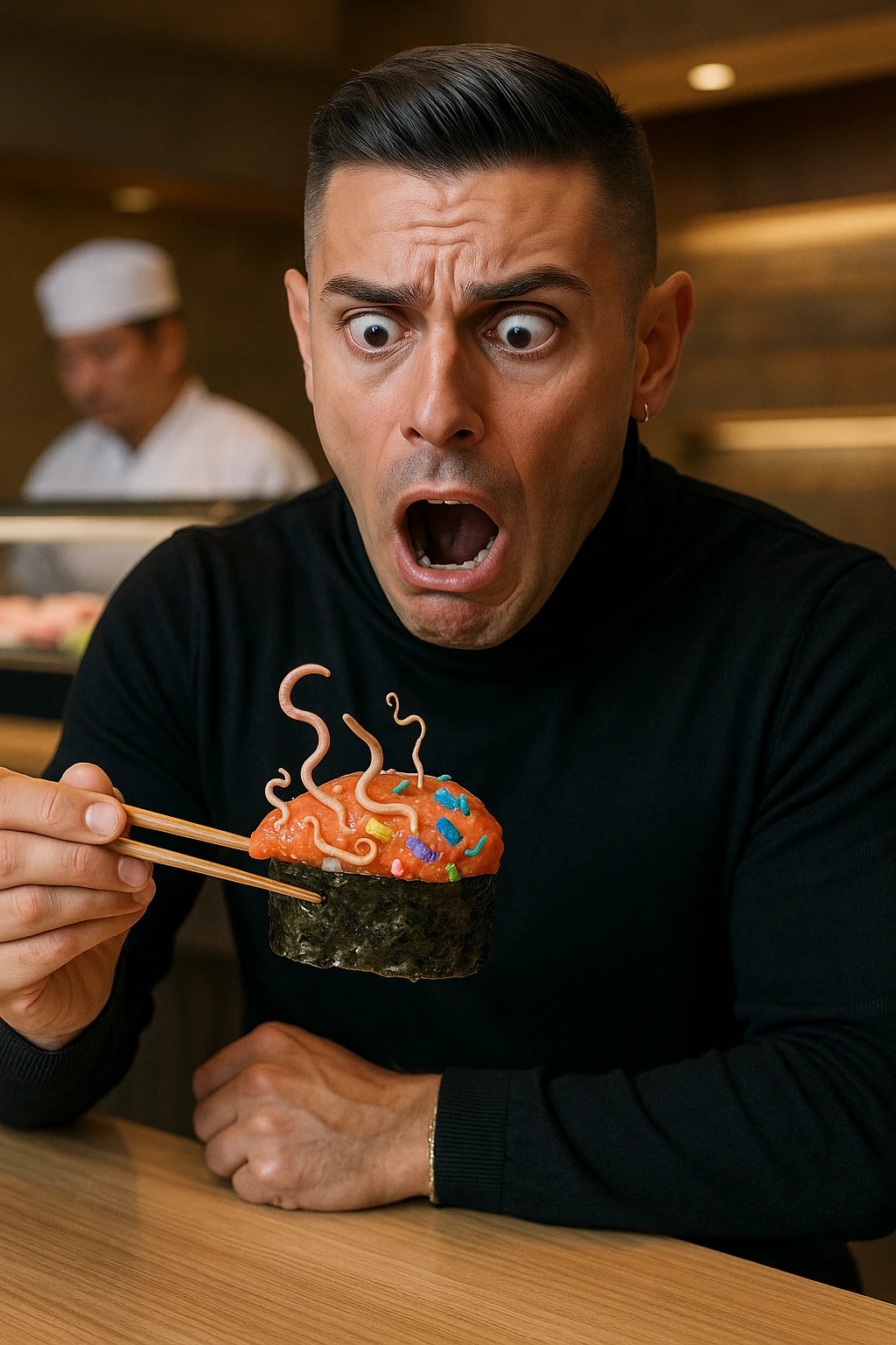 a man sits at a sushi bar, holding his chopsticks above a gunkan of salmon. As he looks closely, he notices visible parasites and bacteria—depicted as small worms and colorful bacterial shapes—on the surface of the sushi. His eyes widen and his mouth opens in shock, clearly alarmed. The background shows the sushi counter and chef, but the focus is on the man’s reaction and the contaminated sushi. emoji