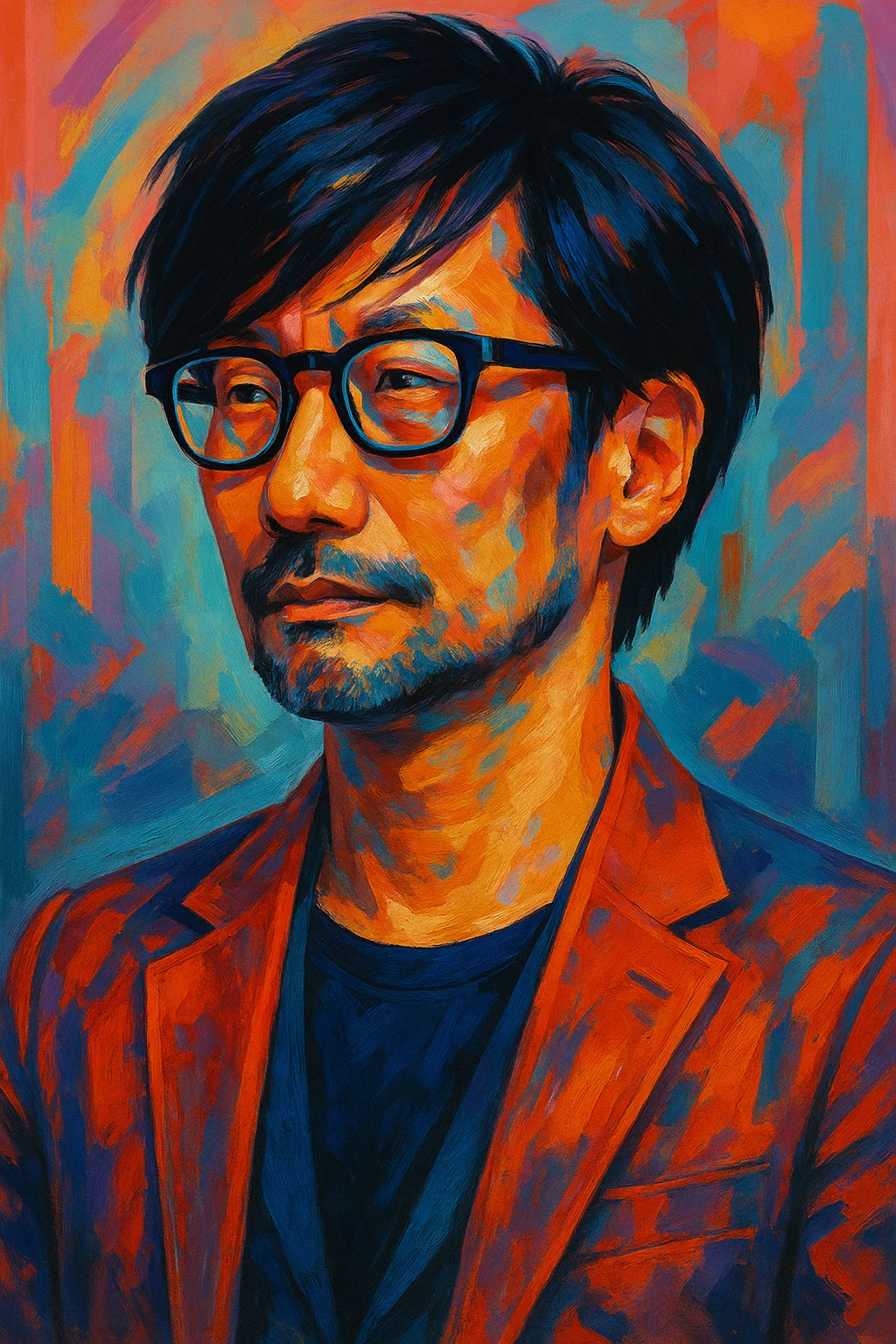 Hideo Kojima as a creative game director with glasses and unique hairstyle, stylized portrait emoji