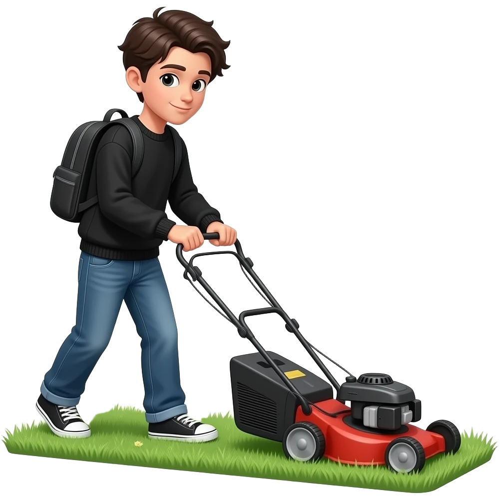 black loose-fitting jeans, black loose-fitting sweater, black backpack, Gen Z boy mowing the lawn with a lawn mower emoji