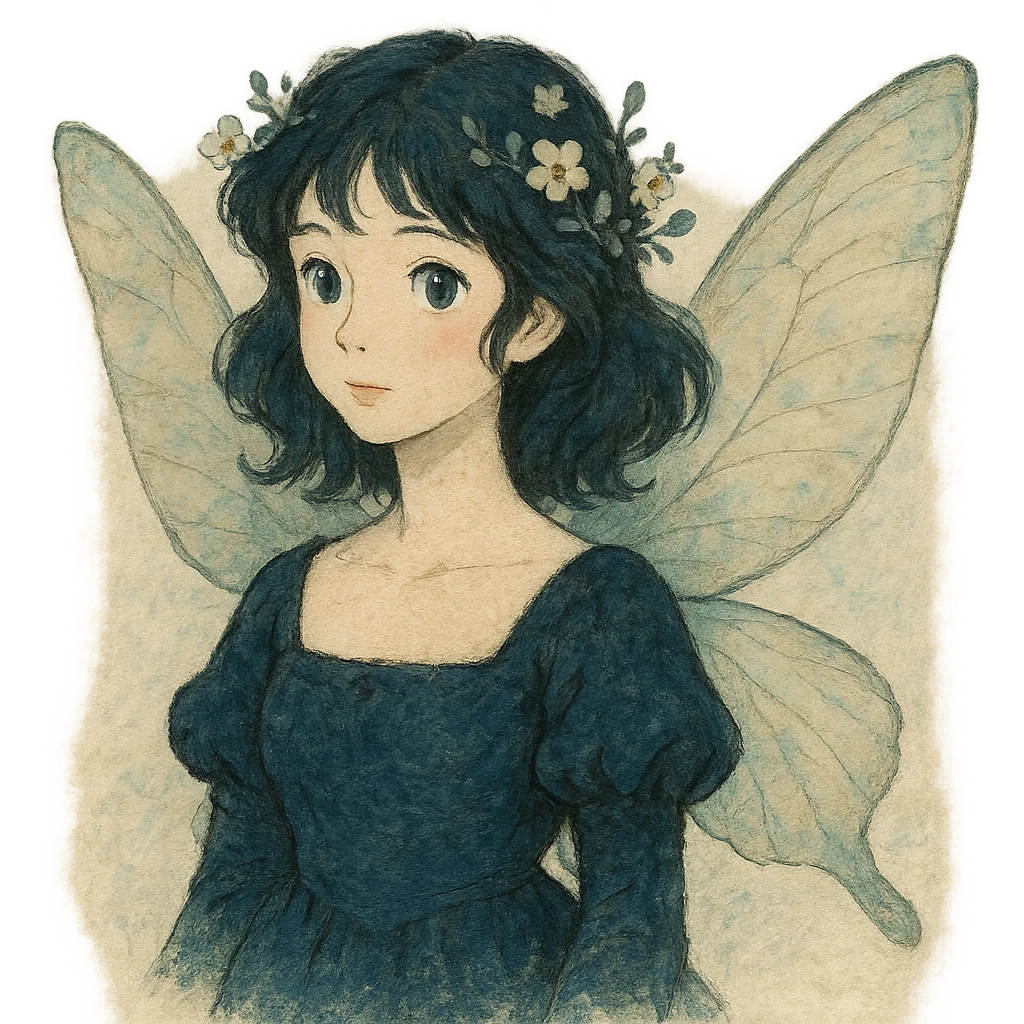 realistic whimsical black, blue and cream, natural colors, soft, fairy-like atmosphere, no background, square size emoji