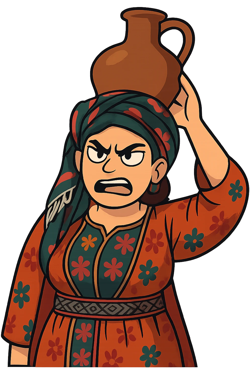 Cartoon sticker in Flat Toon style with an angry expression, transparent background. emoji