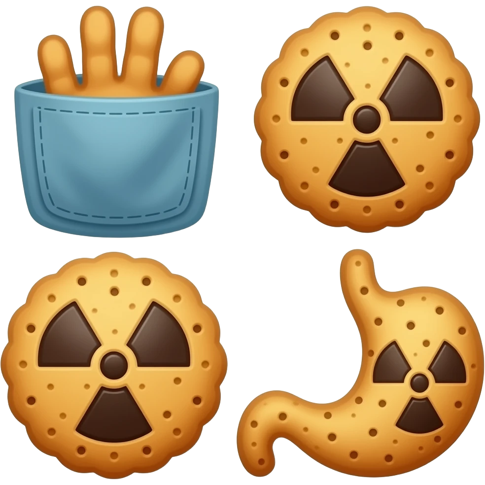 a cookie emiting alpha radiation in my pocket, a cookie emitting beta radiation in my hand, and a cookie emiting gamma radiation in my stomach. emoji