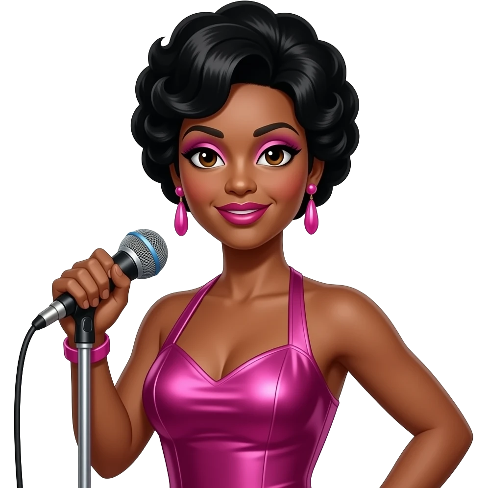 Annette Beard from Martha and The Vandellas with dark brown eyes, black beehive hair, pink eyeshadow, hot pink lipstick, hot pink metallic halter dress, pink earrings emoji
