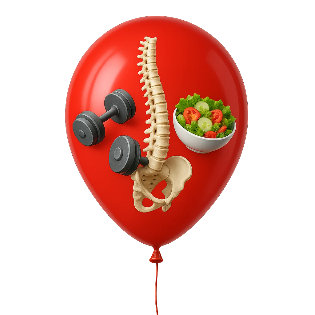palloncino rosso con all'interno insalata, manubri da palestra e una spina dorsale anatomica realistica in 3d, isolato su sfondo bianco emoji