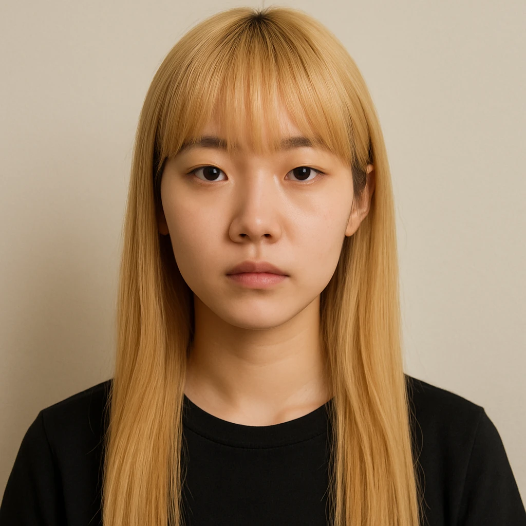 Korean girl with long blond hair and bangs, neutral expression, simple background emoji