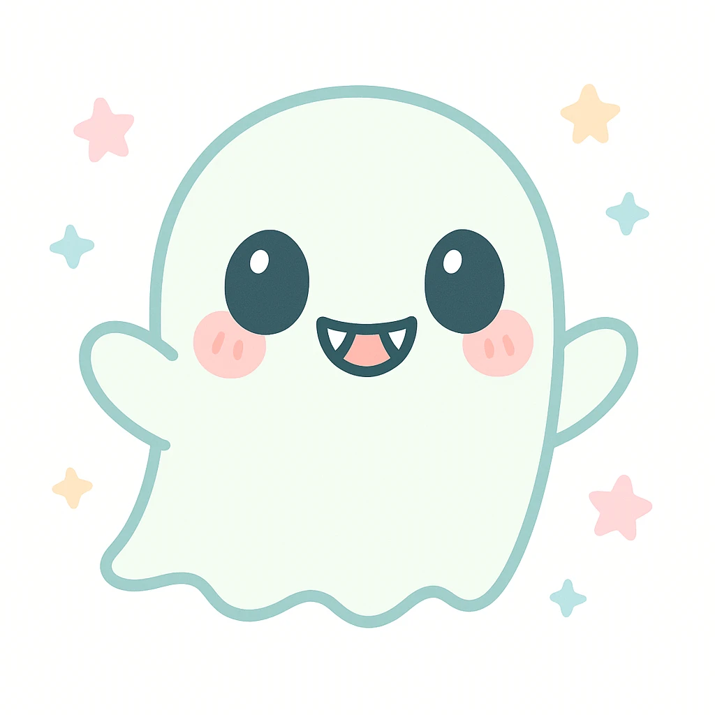 a chibi ghost with horror elements, like sharp teeth but blushing cheeks, cute and scary emoji