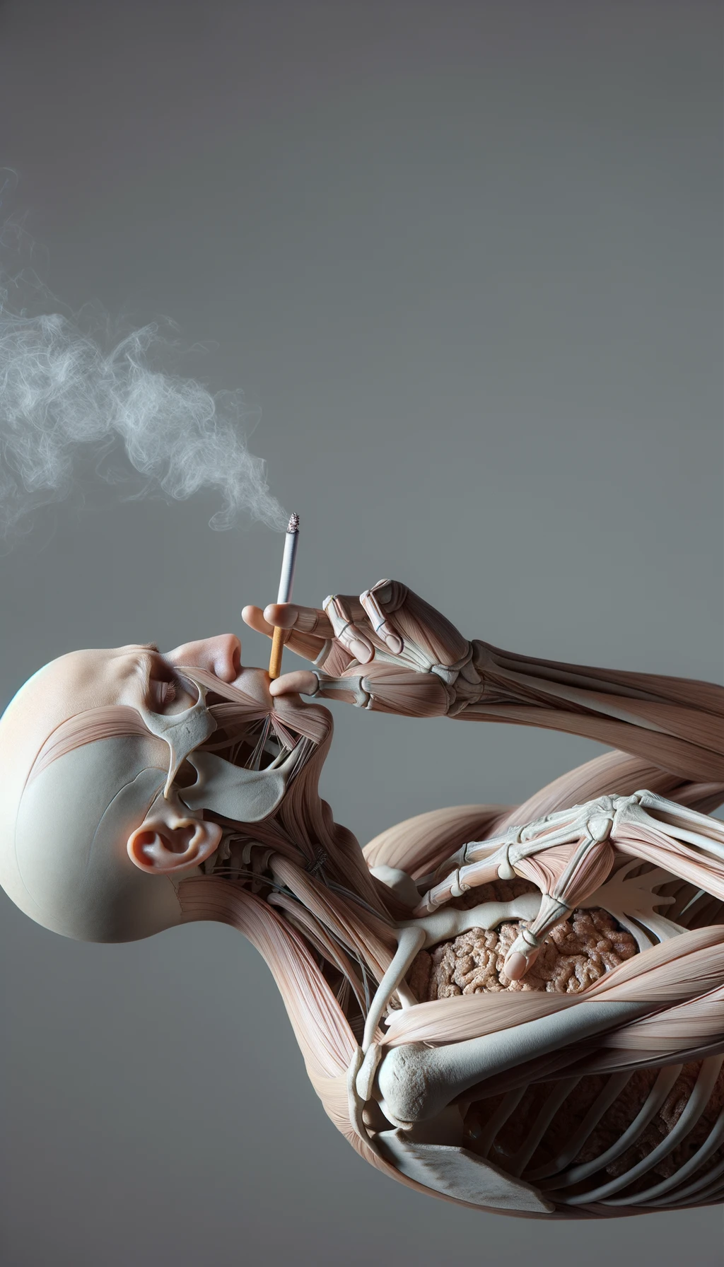 CORPO UMANO ANATOMICO CHE FUMA UNA SIGARETTA E TOSSISCE, NEUTRAL CLEAR BACKGROUND, iperrealistico 4k emoji