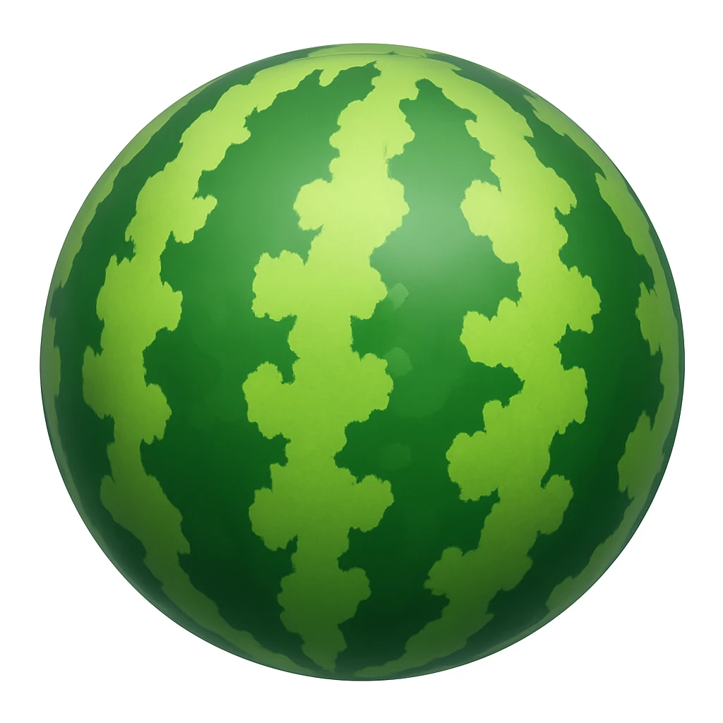 Create a watermelon emoji that looks exactly like the reference image (ignore the crocodile) in the style of iOS emojis. The emoji should have a 3D appearance with shiny, smooth gradients, soft shadows, and a realistic watermelon texture, capturing the classic emoji look. Add a glossy effect to the rind. emoji