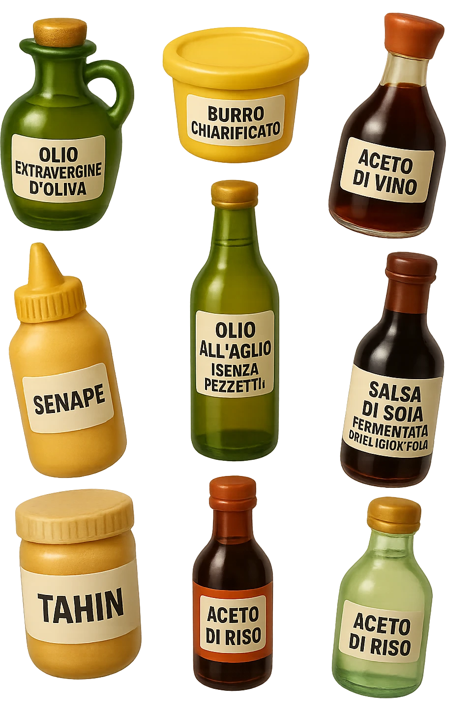 emoji stile iphone 3d di questi elementi che fluttuano in aria sparsi casualmente:

Olio extravergine d’oliva, burro chiarificato
Olio all’aglio (senza pezzetti)
Aceto di vino, aceto di riso, senape, tahin
Salsa di soia fermentata (senza aglio/cipolla)


 che fluttuano sparse casualmente in aria, le etichette dei prodotti scrivile in italiano, iperealistico 4k emoji