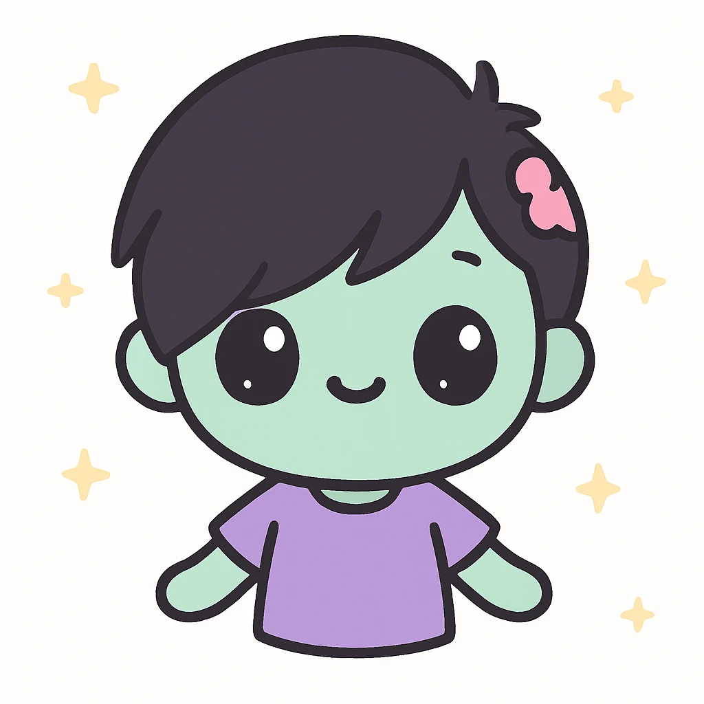 zombie boy with black emo hair and purple shirt, kawaii style emoji