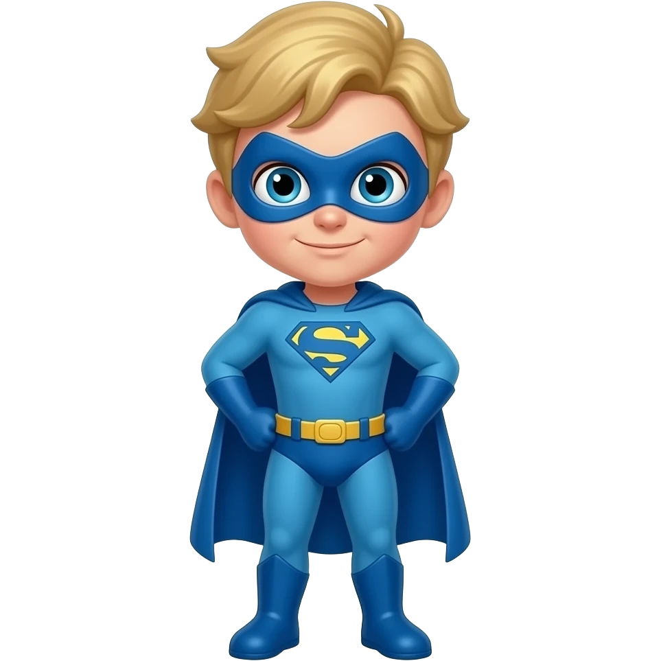 quiero que me hagas a un superheroe con el pelo rubio mascara azul i con un traje azul que sea un niño cuerpo completo emoji