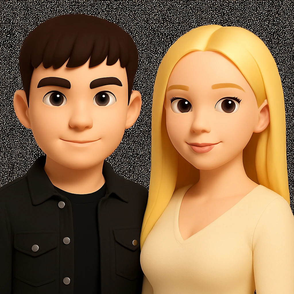 Slightly increase the volume of the upper body of the girl, separate the girl and the boy from each other, make the skin color the same for both characters, while preserving the cartoonish 3D style as shown in the reference image. emoji