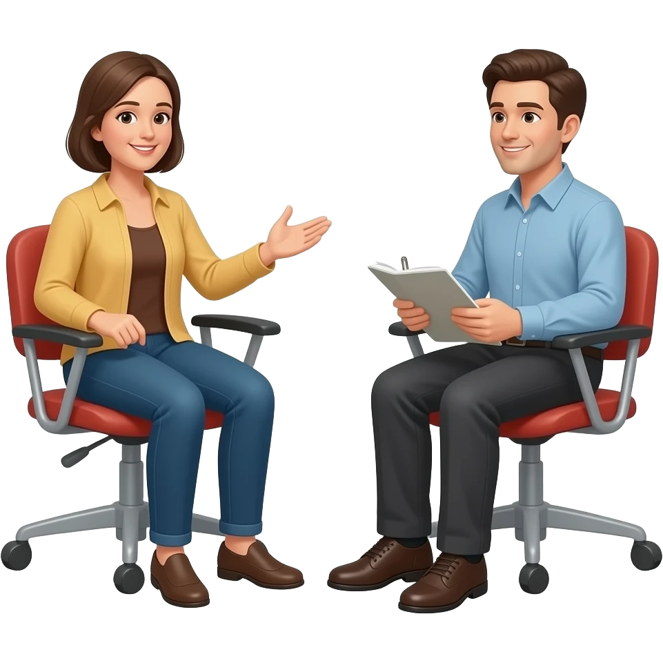 create an emoji of a psychology session where someone is talking seated in front of another person that is taking notes seated emoji