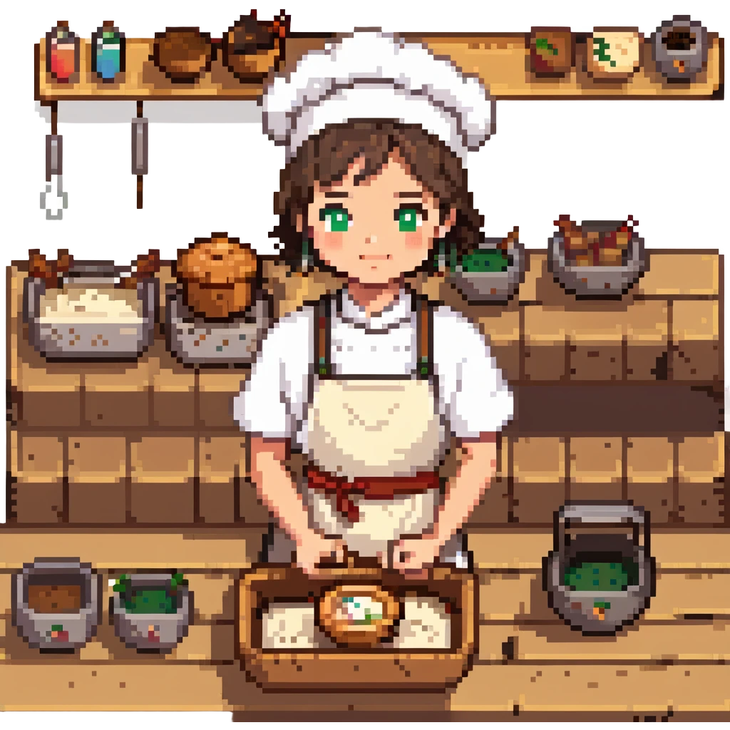 A young apprentice baker in a cozy, old-fashioned bakery. Surrounded by wooden countertops, cast iron baking trays, and a stone oven. His apron is dusted with flour, and analog timers tick beside handwritten recipe cards. The scene is textured with aged wood, metal, and soft fabric. emoji
