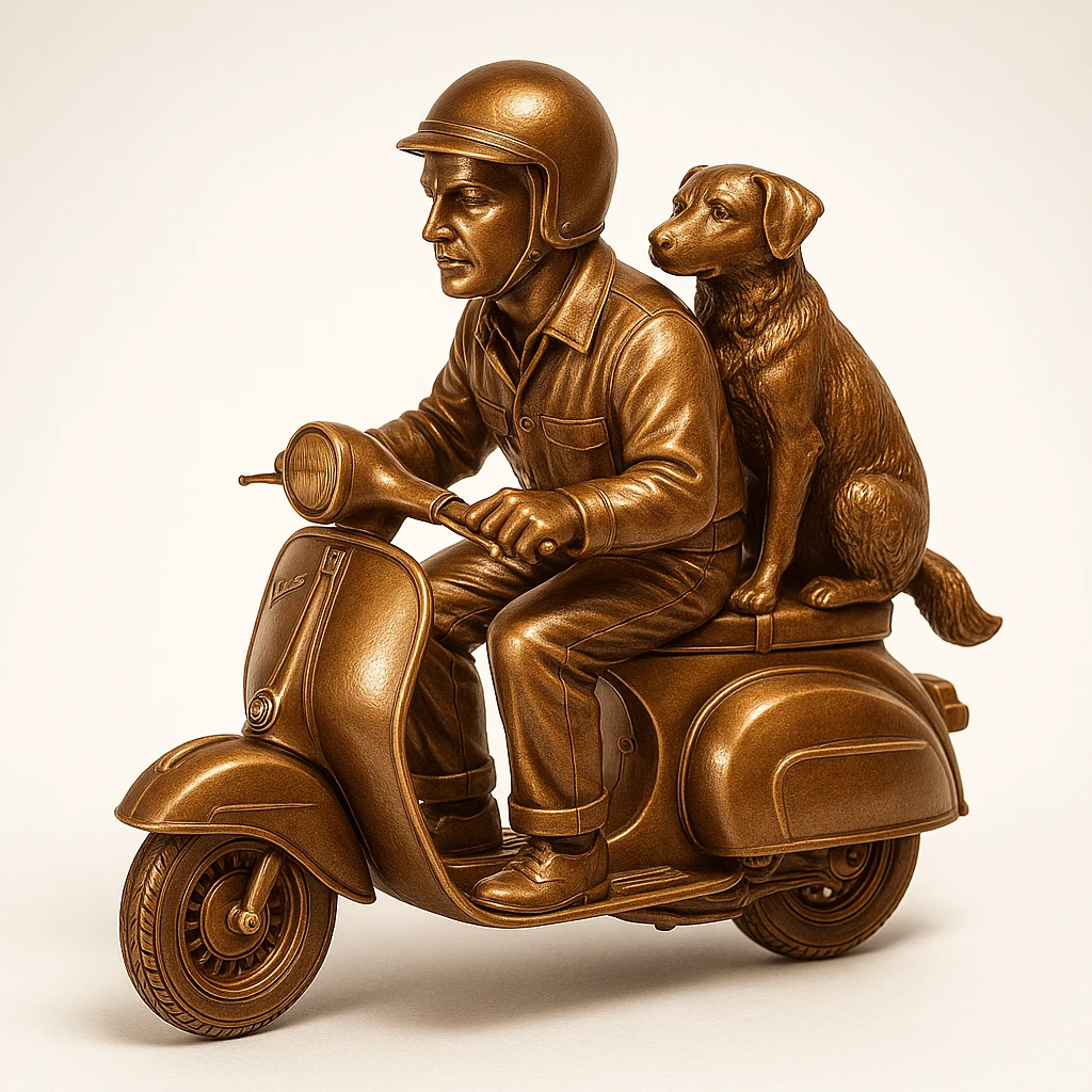 man and his pet dog riding a vespa emoji