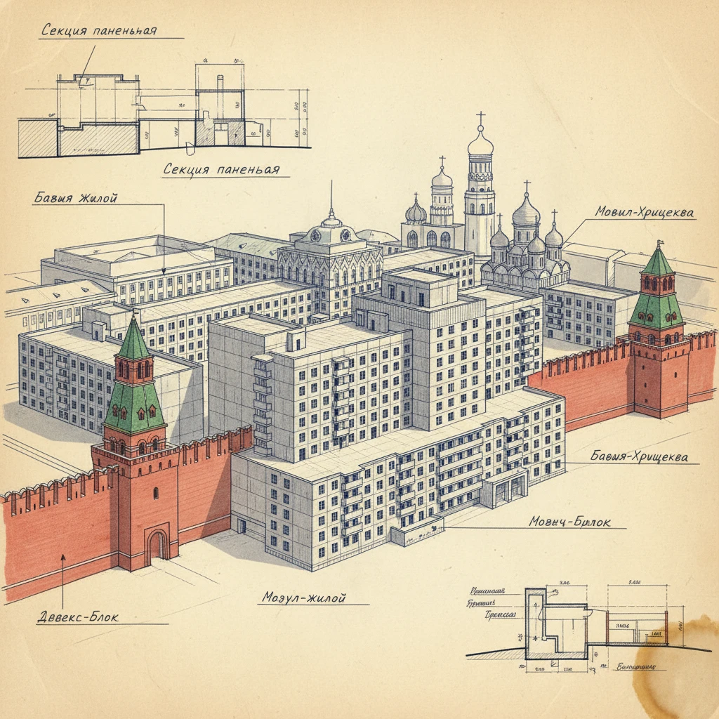 Московский Кремль, но как будто его скрестили с панельками Хрущева.

Все в стиле реальных документальных чертежей  emoji