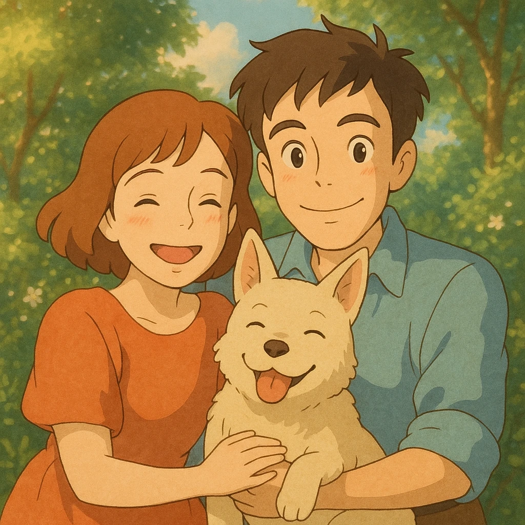couple with pet posing for photo emoji