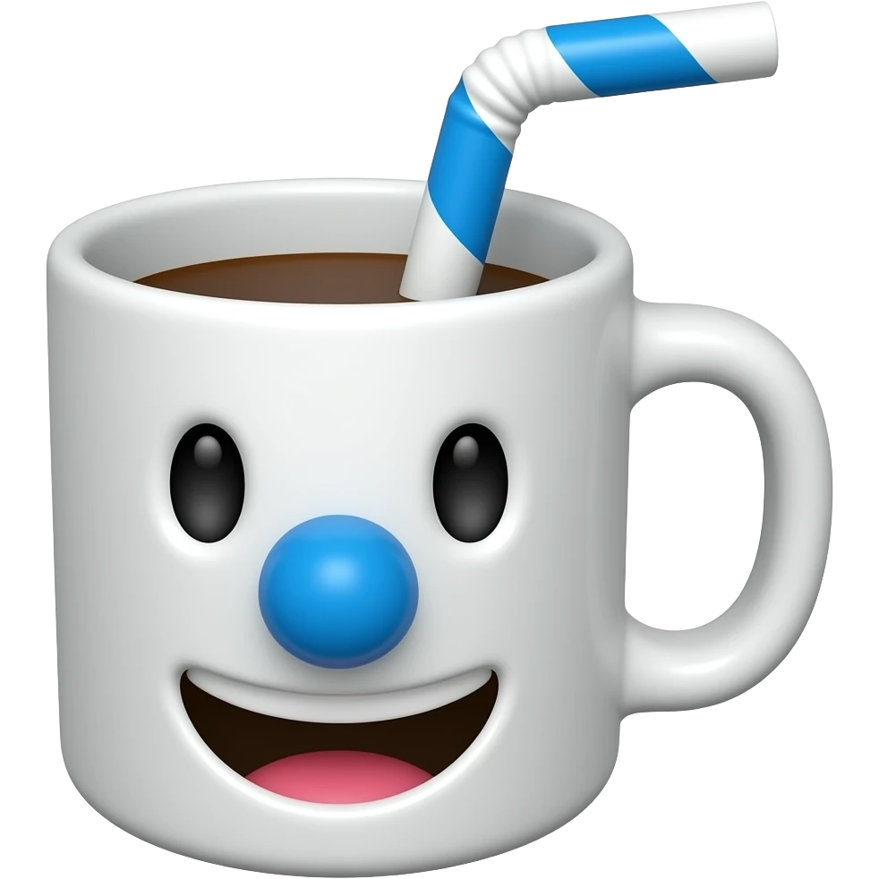 3D emoji kupa fincan, beyaz renk fincan kupa, büyük yuvarlak mavi burun, fincanın içinde mavi-beyaz düz pipet, parlak porselen dokusu, beyaz arka plan, ağzı olacak emoji