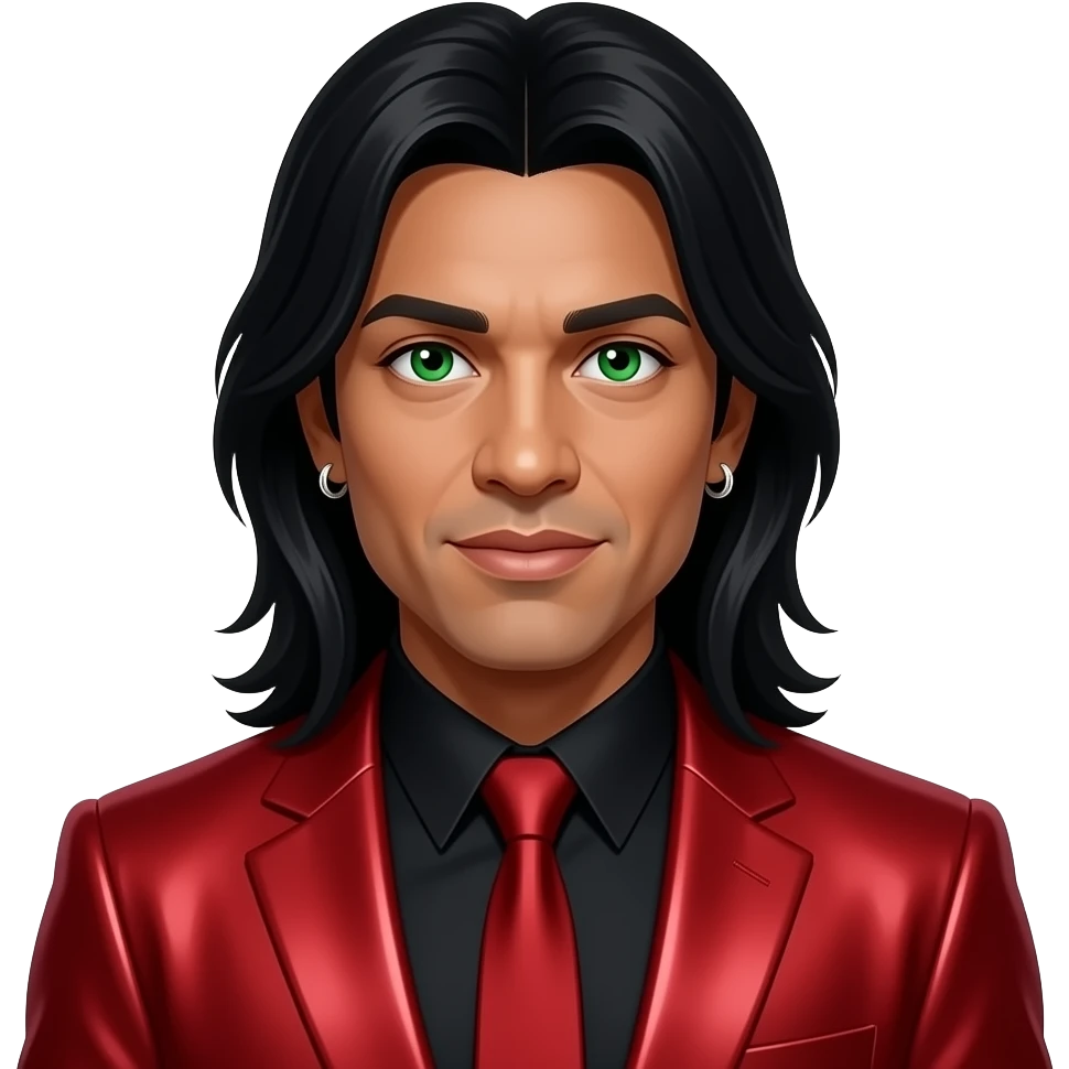 Rob Pilatus from Milli Vanilli with medium dark skin, green eyes, long black shoulder-length hair, red metallic mao suit, earrings emoji