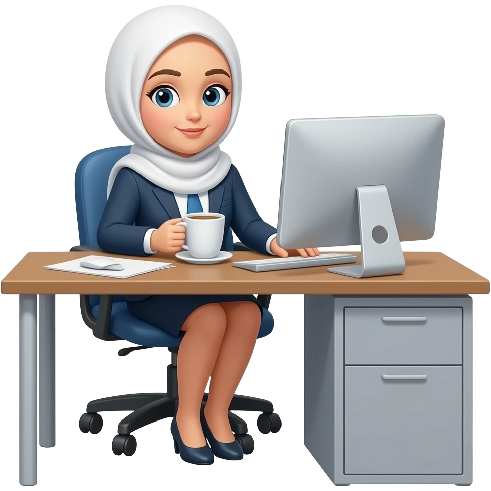 Secretary women with white hijab lack hair computer and drinking coffee emoji