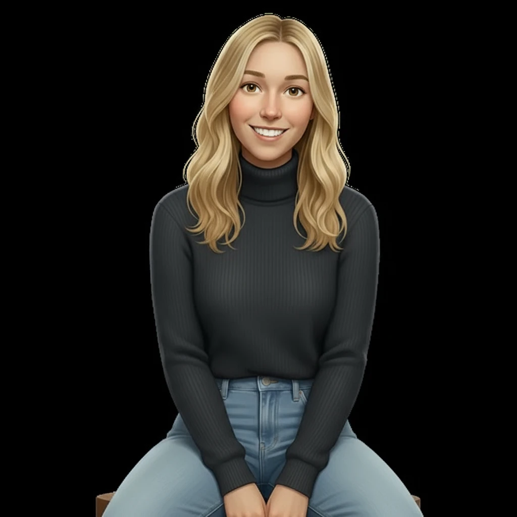 нарисуй эту девушку с точно таким же лицом строго фас она сидит в водолазке и джинсах, без шапки, без фона  emoji