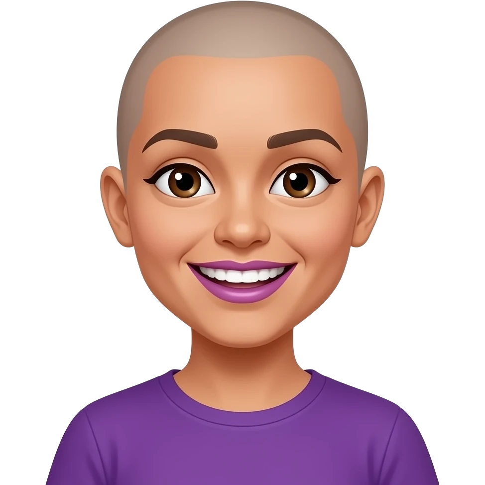 Mexican girl brown eyes whos bald snd and had a wide smile showing both sides of her teeth every single tooth purple shirt  push her hairline back give her purple lip gloss emoji