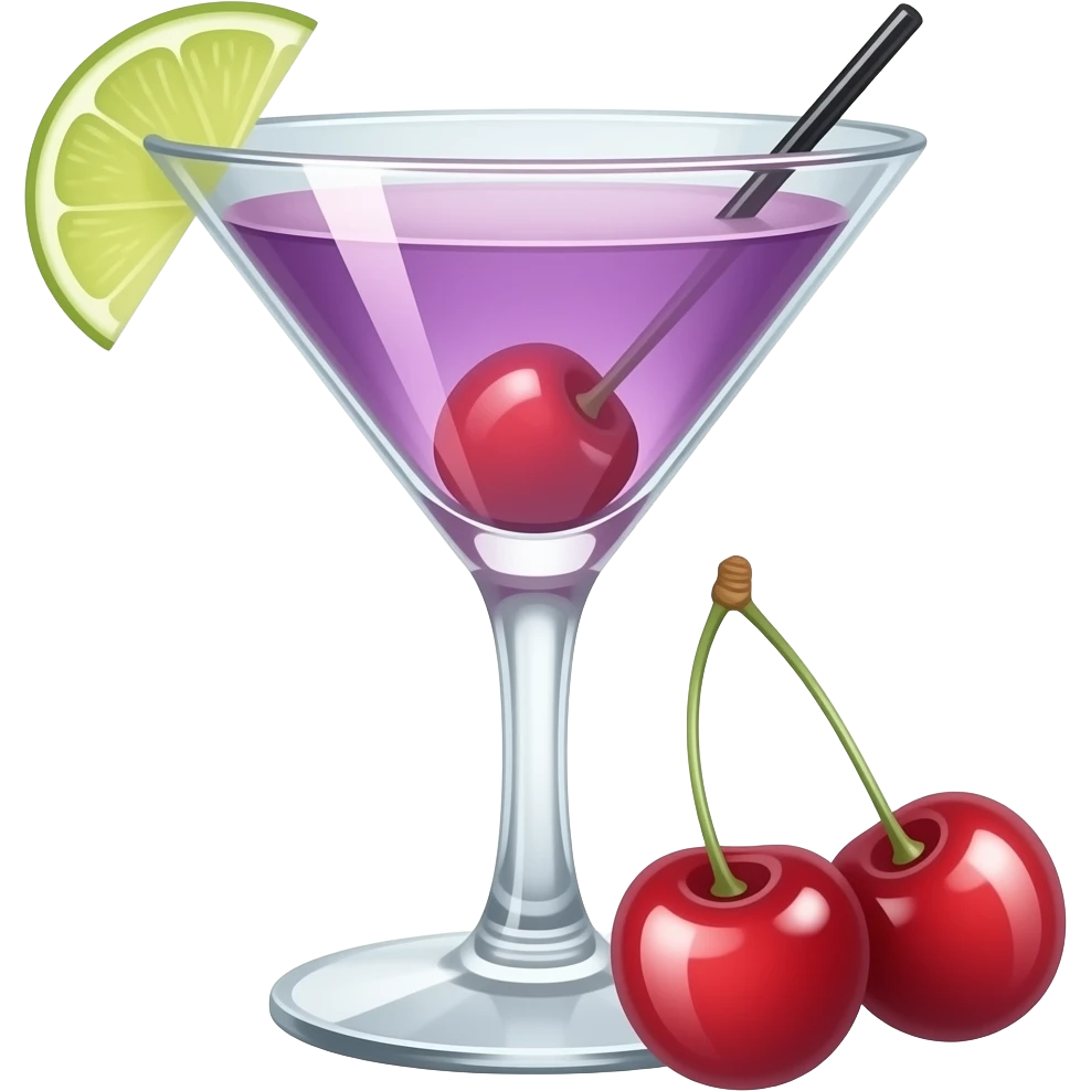pastel pink purple martini in aesthetic glass with marschino cherries emoji