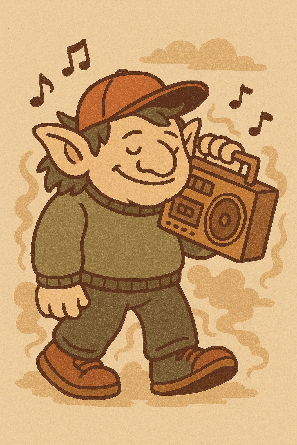 troll with a boombox, wearing streetwear and a cap, surrounded by musical notes and smoky atmosphere, bold cartoonish style, flat warm colors emoji