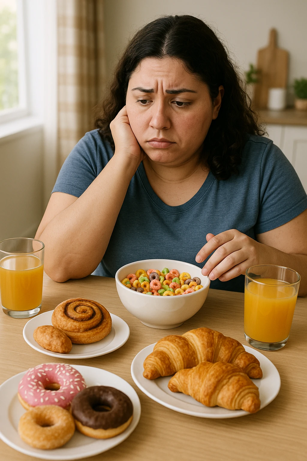 Donna con pcos, con colazione sbilanciata ricca di zuccheri e con poche proteine emoji