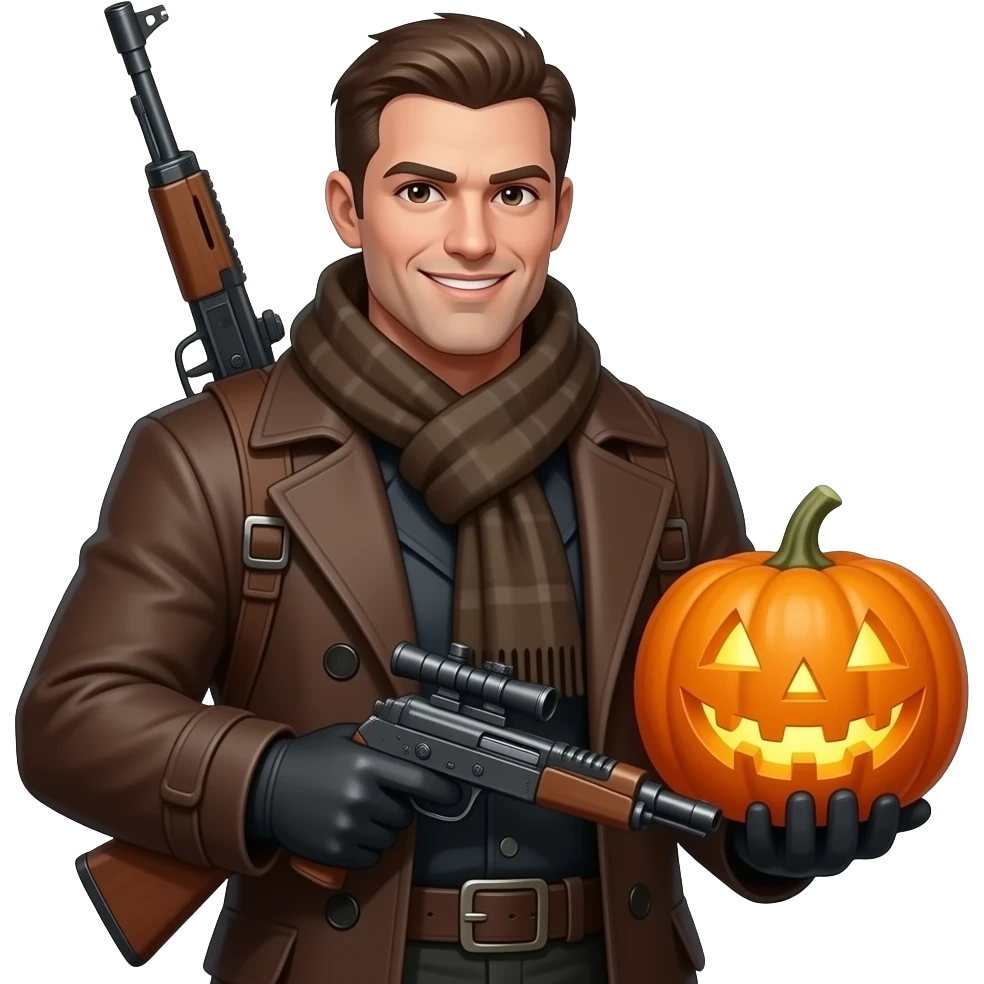 male human monster hunter emoji, wearing brown coat and with rifle, holding glowing pumpkin  , soft smile, scarf, , Halloween fantasy style, clean vector Apple emoji look, bright colors,  square emoji